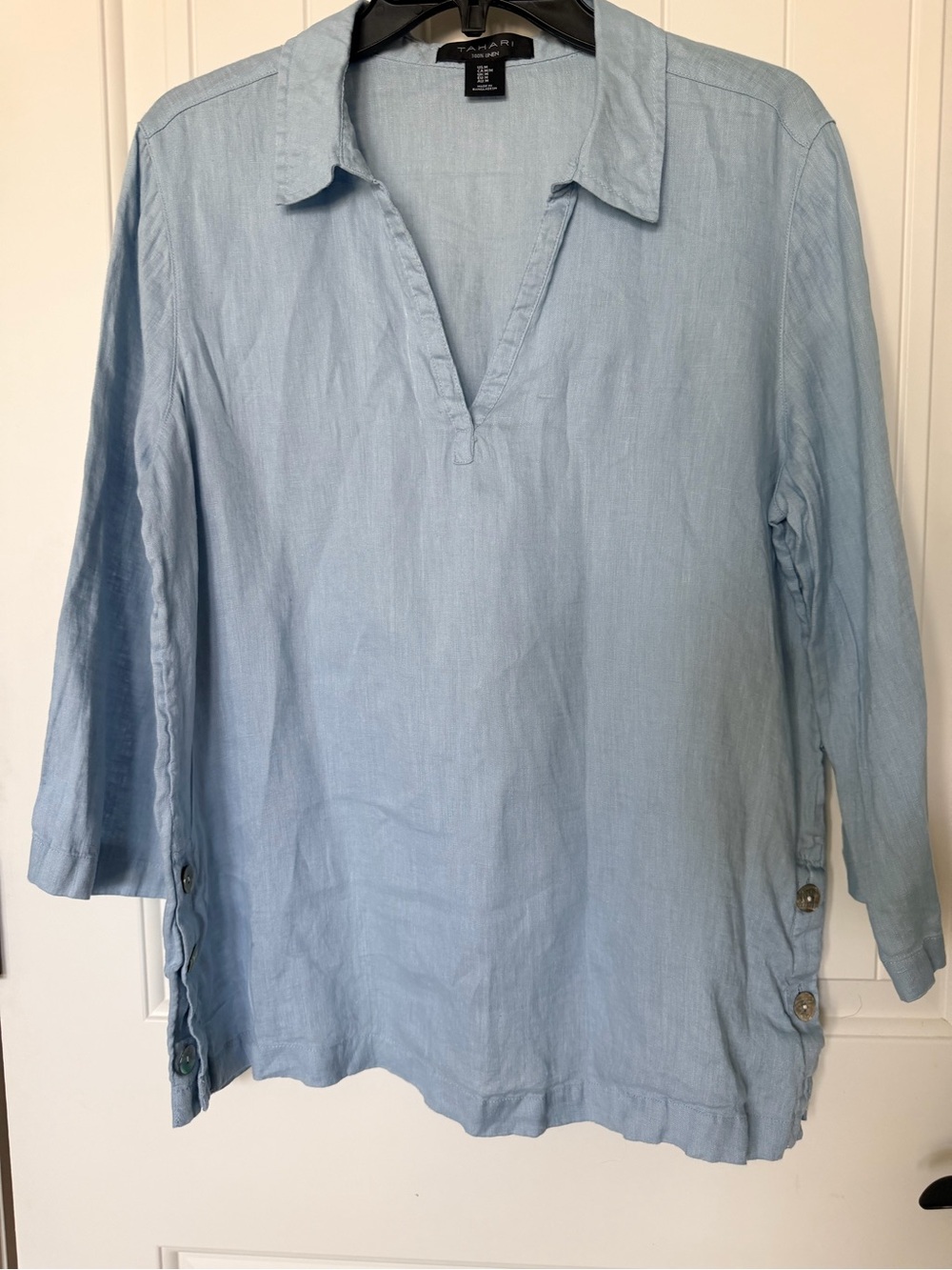 Tahari Light Blue Long-Sleeve Linen-Blend Button Side Tunic